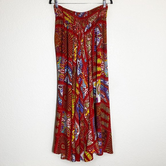 Retro Earthbound Trading Co. Boho Red Print Wide Leg Maxi Split Skirt Size M - Picture 7 of 7